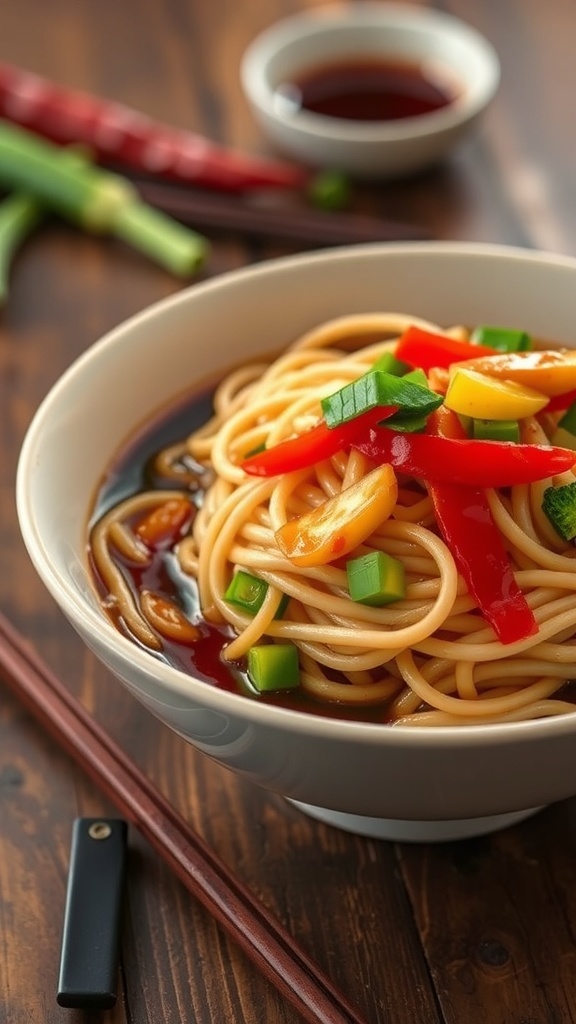 A bowl of noodles with soy sauce and vegetables, garnished with green onions, on a wooden table with chopsticks.
